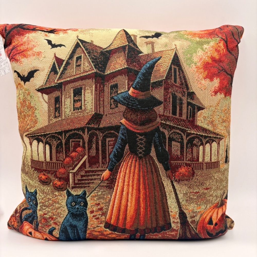 Caldeira Halloween Witch Haunted House Woven Tapestry Feather Pillow Made in UK